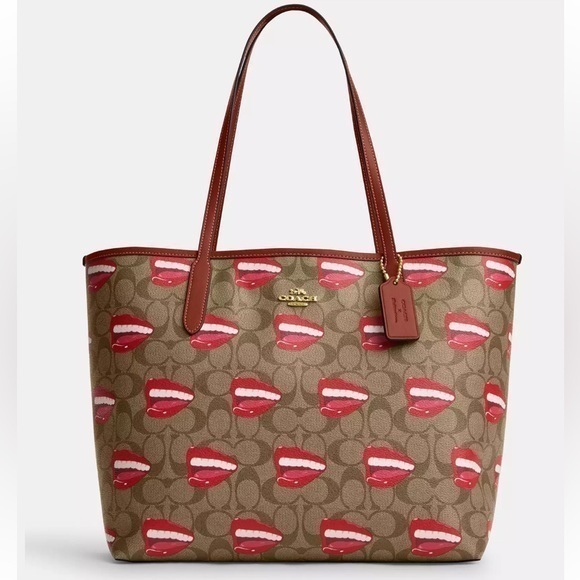 Coach Tom Wesselmann City Tote Bag Signature Canvas Smile Mouth Lips Teeth Print
